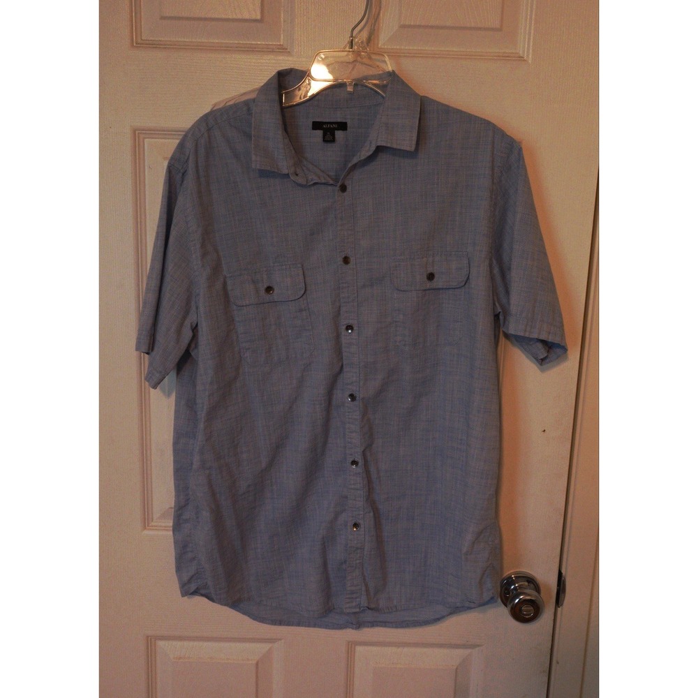 Alfani Men's XL Blue Solid Woven Short Sleeve Point Collar Button-Up Pockets